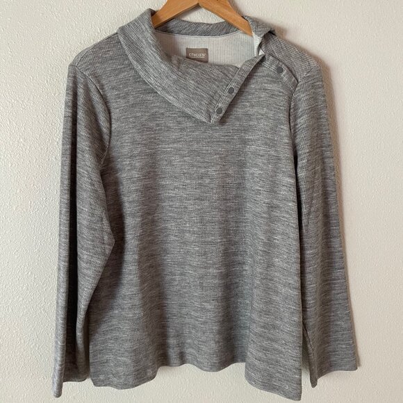 Chico's Gray Sweater‎ with Asymmetrical Neck With Snaps Collar Size 1 Medium - Picture 1 of 6
